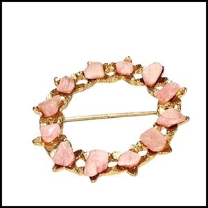 Vintage Pink Stone Brooch Gold Tone Wreath Pin Costume Jewelry